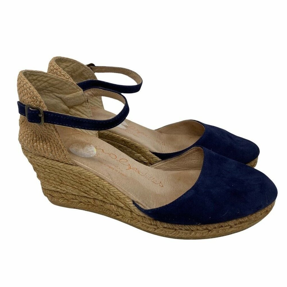 Gaimo Womens Obi Espadrilles Sandals Blue Leather Ankle Strap Wedge Buckle 8.5